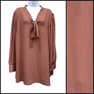 Adrianna Papell Tie Neck Popover Blouse Elegant Dusty Pink Geo Print Plus 2X NWT